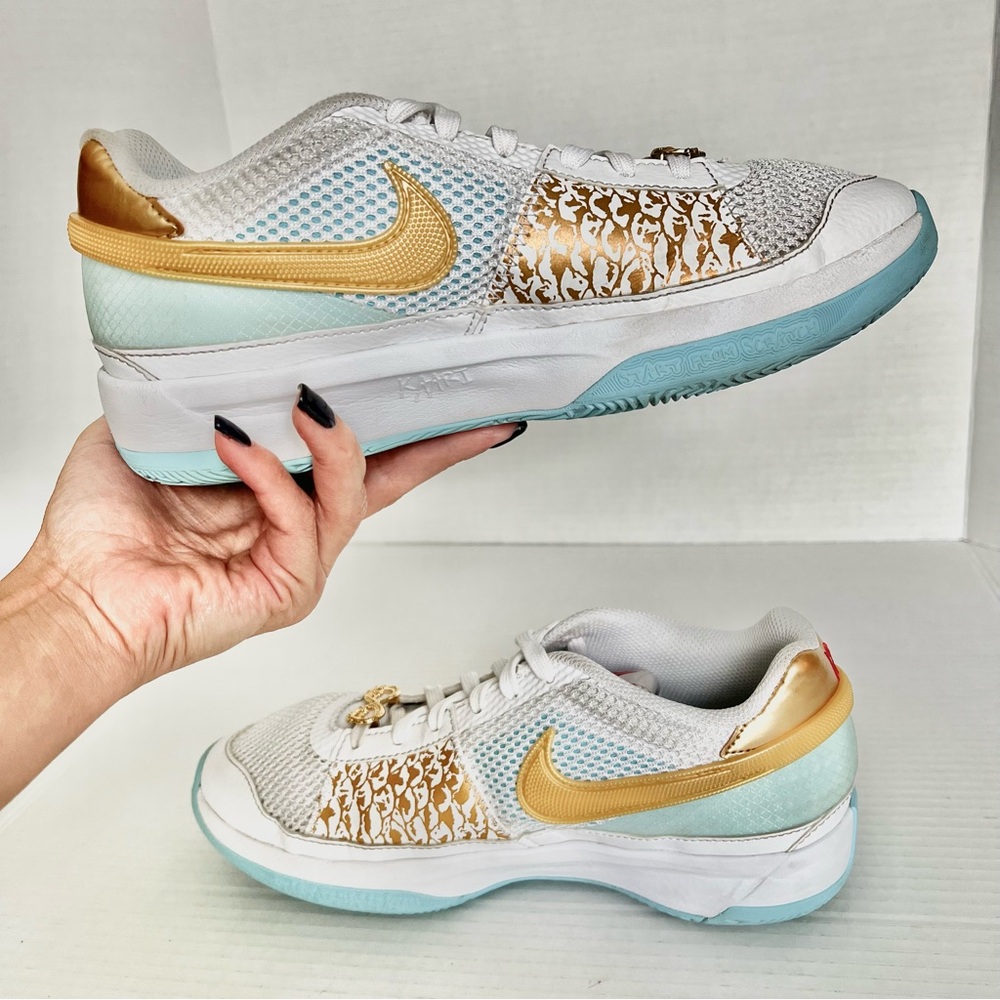 Nike Ja 1  6.5Y Casual Basketball Athletic Streetwear Shoes – White Blue Gold